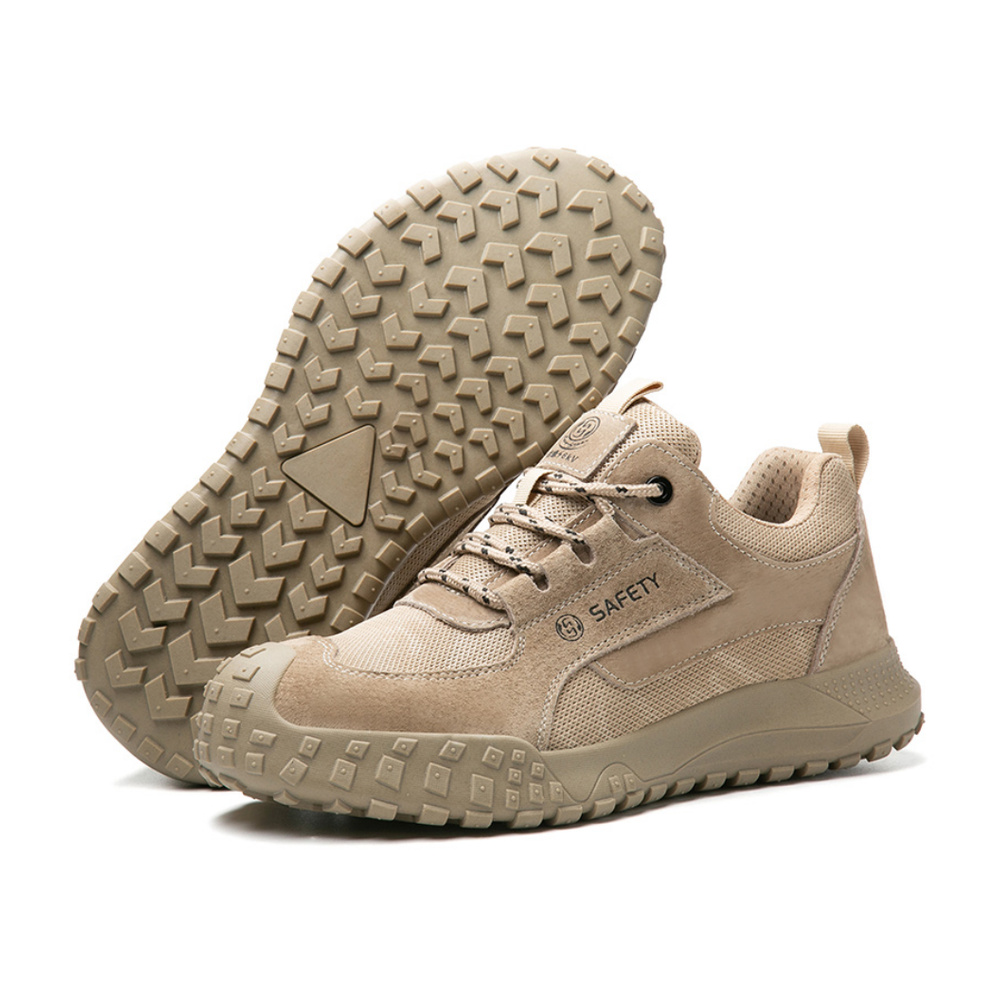 Outsole and upper view of khaki metal free shoes