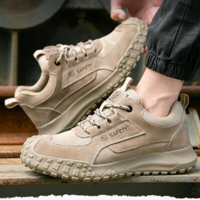 Khaki composite toe work shoes in an industrial setting