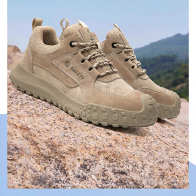 Khaki metal free work shoes in an outdoor scene