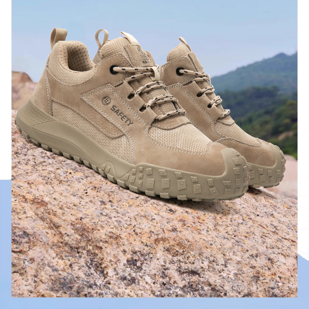 Khaki metal free work shoes in an outdoor scene
