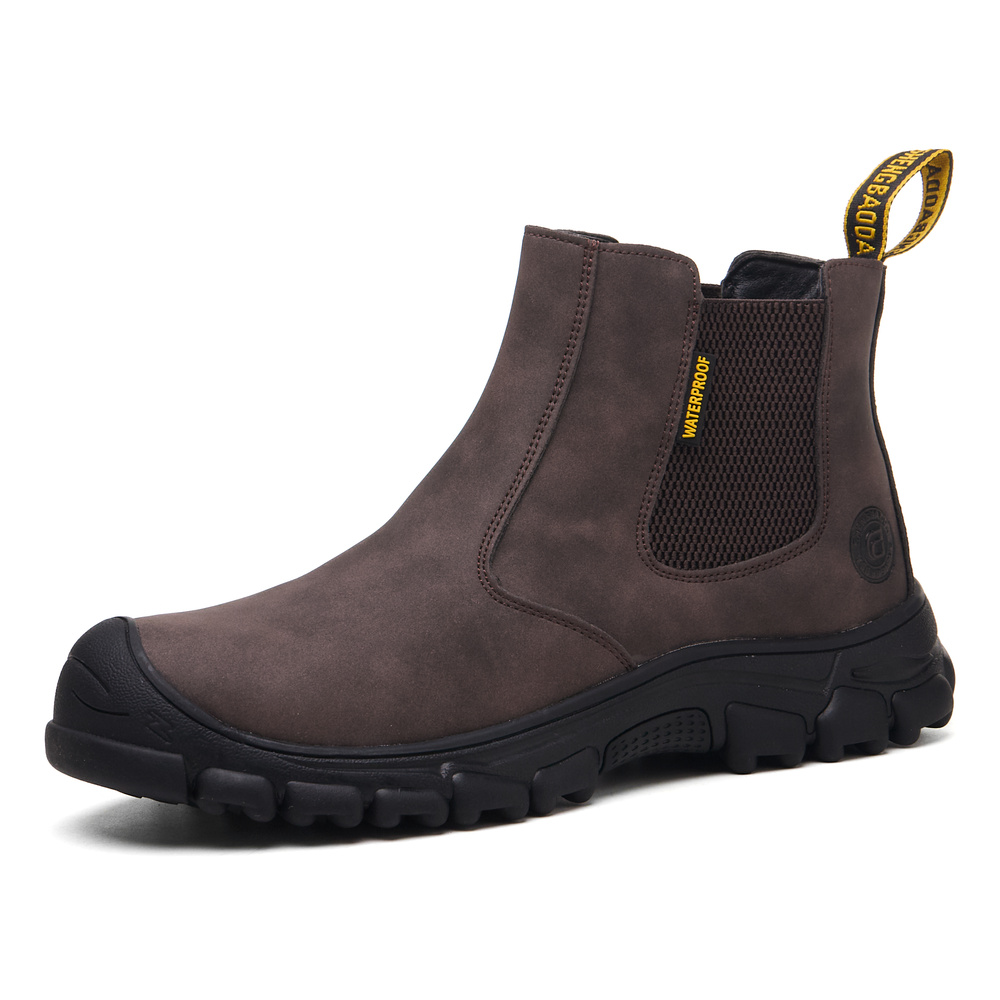 Brown steel toe Chelsea work boots - angled view