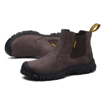 Brown steel toe Chelsea work boots - pair and outsole view