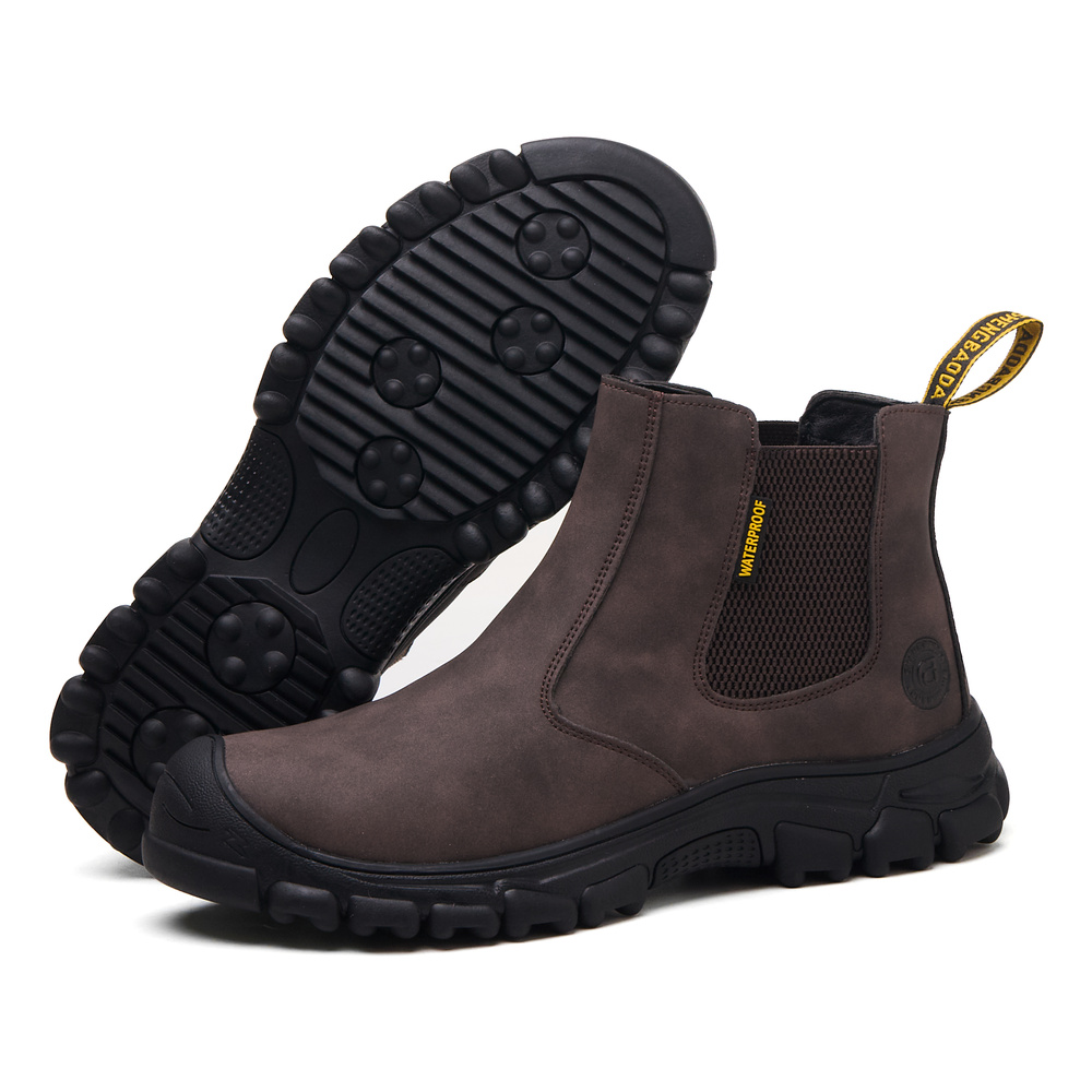 Brown steel toe Chelsea work boots - outsole and upper view