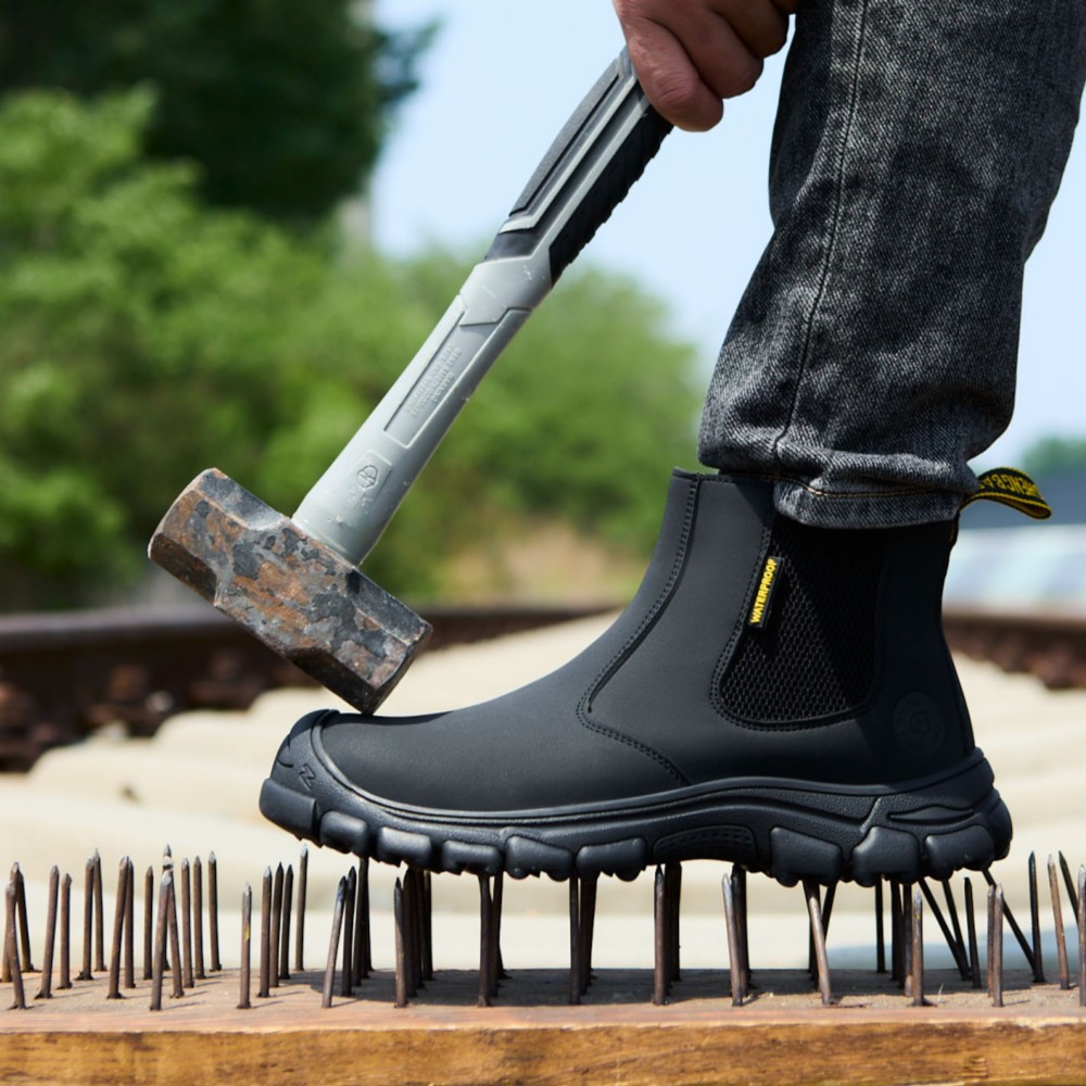Steel toe protection on black Chelsea work boots
