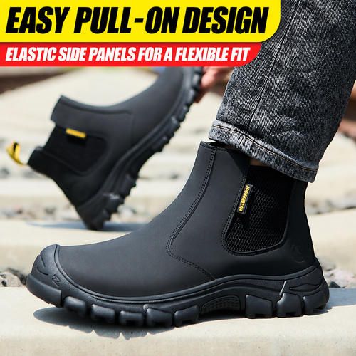 Elastic side panels and pull-on Chelsea boot design