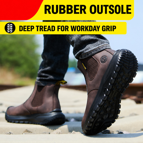 Deep rubber outsole tread on brown steel toe work boots