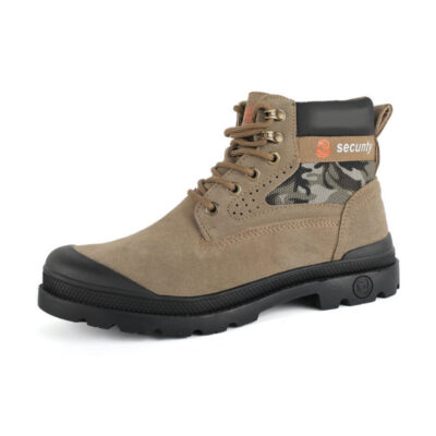 Tan suede leather steel toe boot angled view