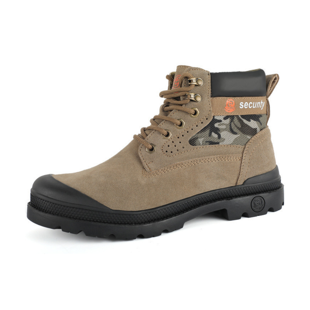 Tan suede leather steel toe boot angled view