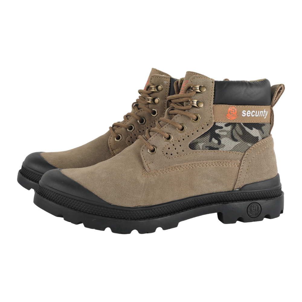 Pair of tan 9001 steel toe work boots side view
