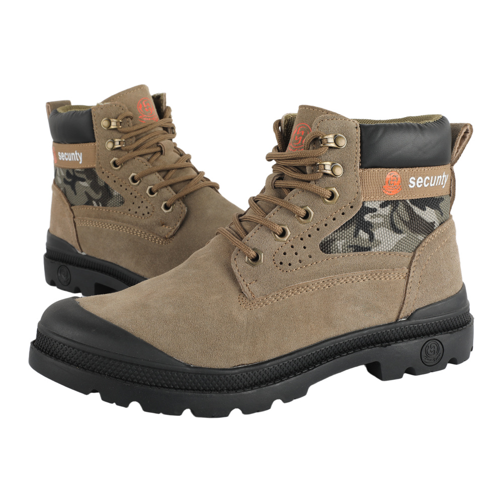 Pair of tan suede leather work boots angled view