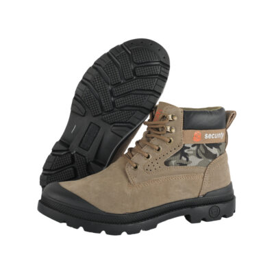 Outsole tread and upper view of tan steel toe work boots