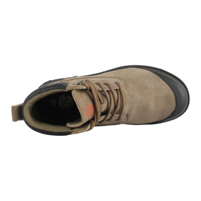 Top view of tan suede leather steel toe boot