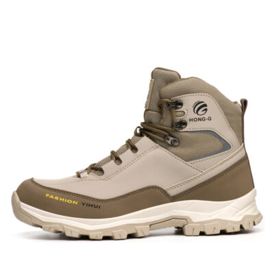Beige slip resistant steel toe work boots side profile