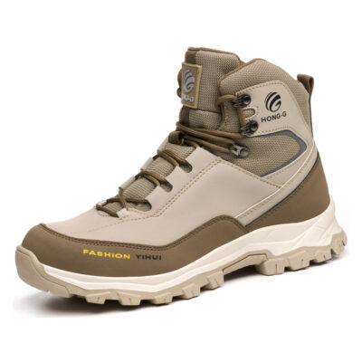 Beige steel toe work boots angled view
