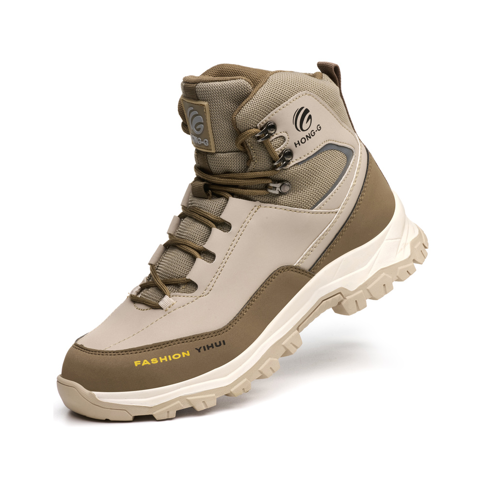 Raised angle view of beige safety boots