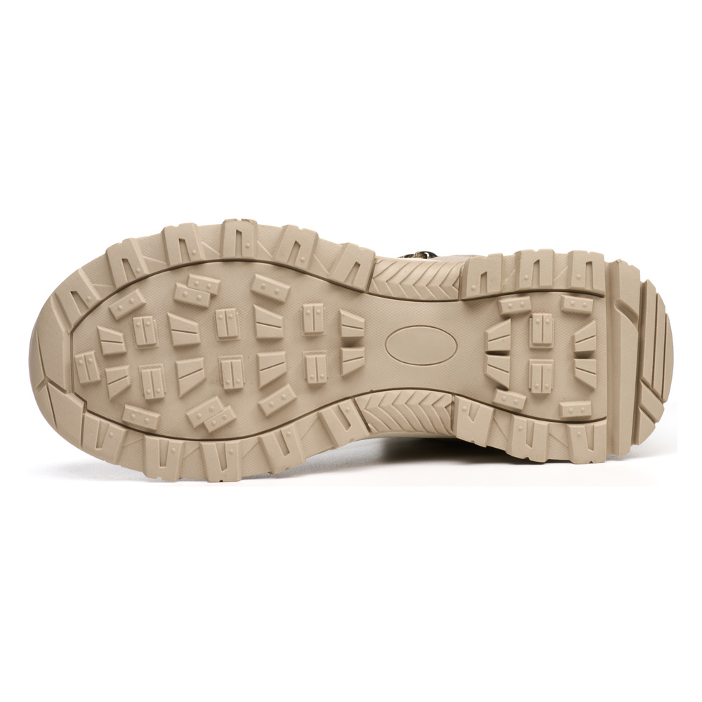 Slip resistant rubber outsole of beige work boots