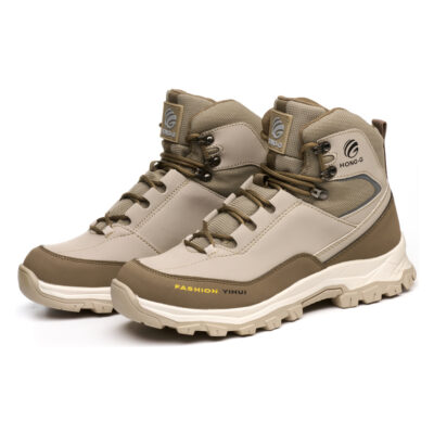 Pair of beige steel toe work boots