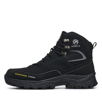 Black slip resistant steel toe work boots side profile