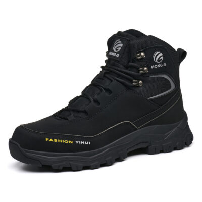 Black steel toe work boots angled view