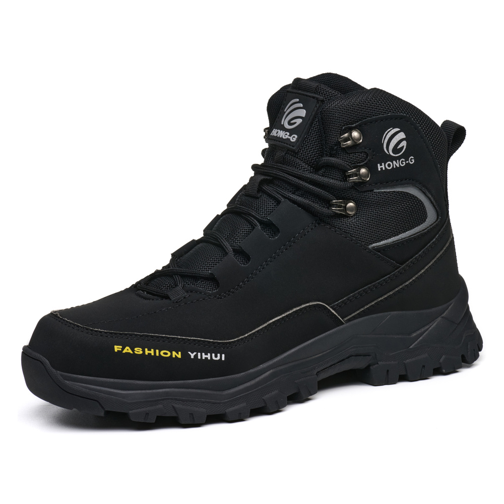 Black steel toe work boots angled view