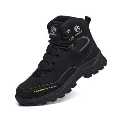 Raised angle view of black safety boots