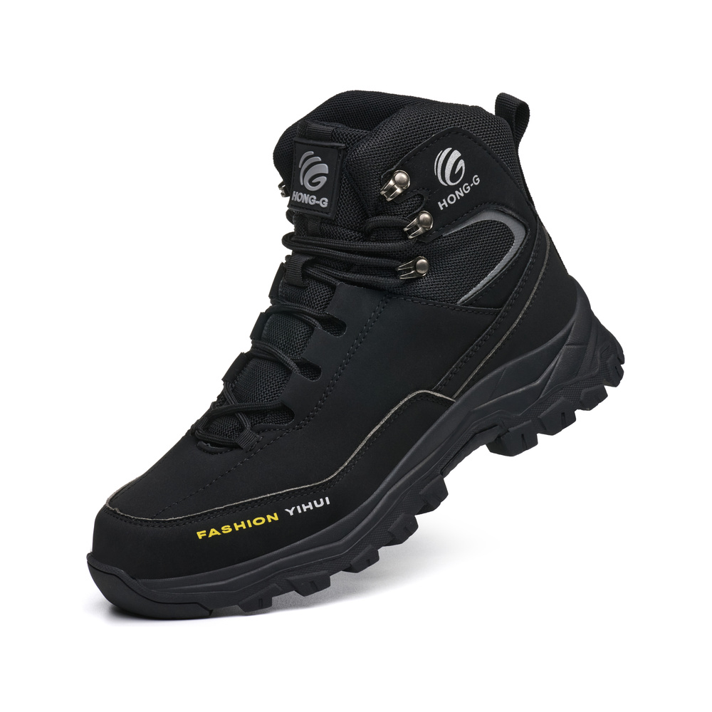 Raised angle view of black safety boots