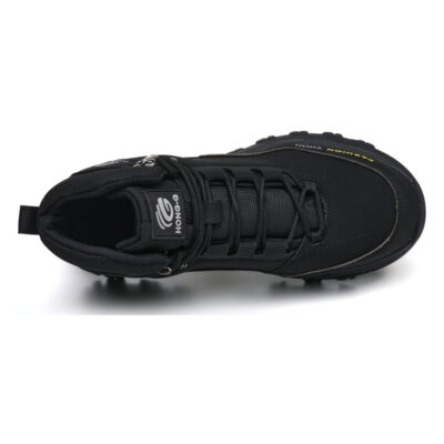 Top view of black steel toe boots