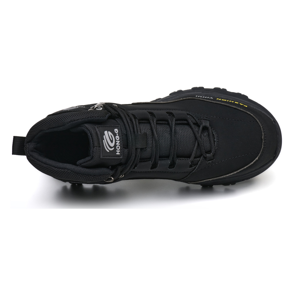Top view of black steel toe boots