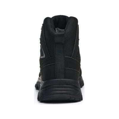 Rear view of black high-top safety boots