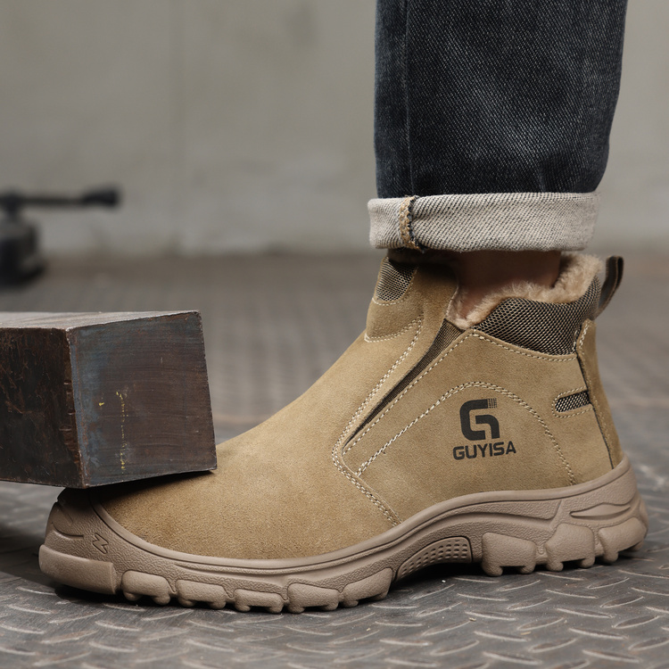 Steel toe impact protection in tan slip on work shoes