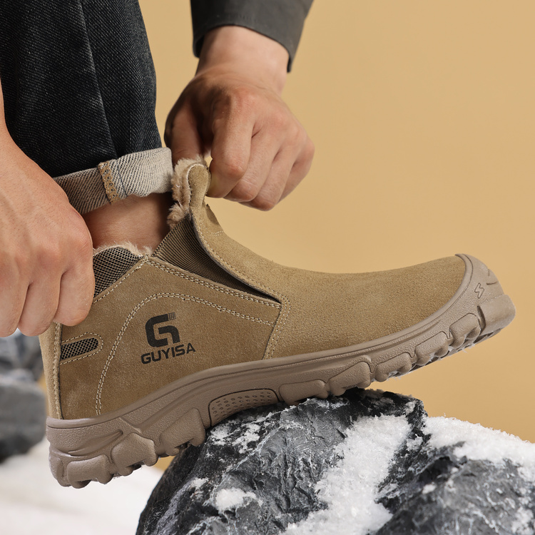 Easy pull on fit on tan fleece lined work shoes