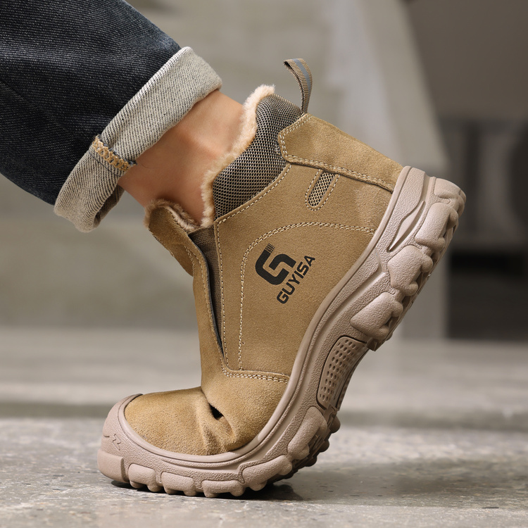 Flexible cushioned support in tan winter steel toe work shoes