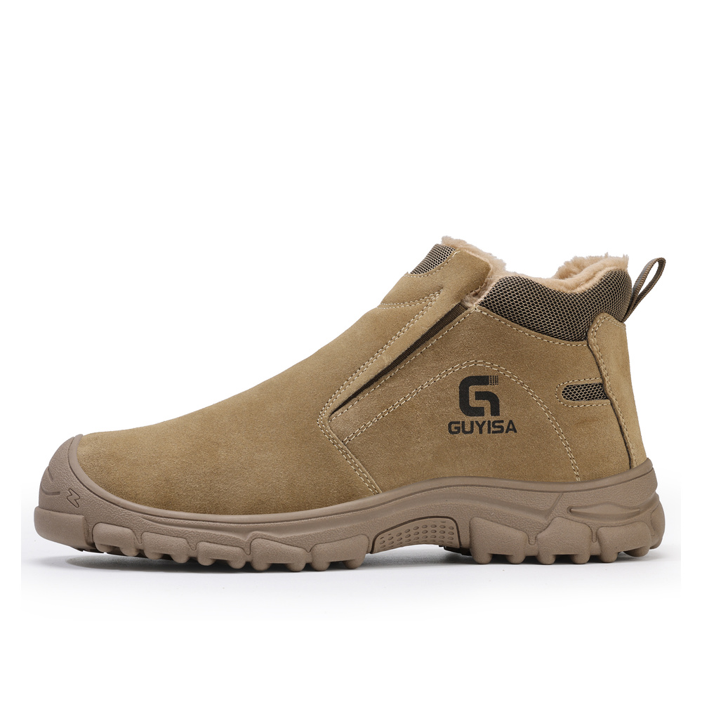 Tan slip on winter steel toe work shoe side profile
