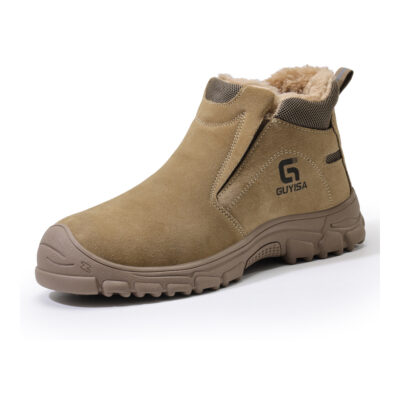 Tan fleece lined steel toe work shoe angled view