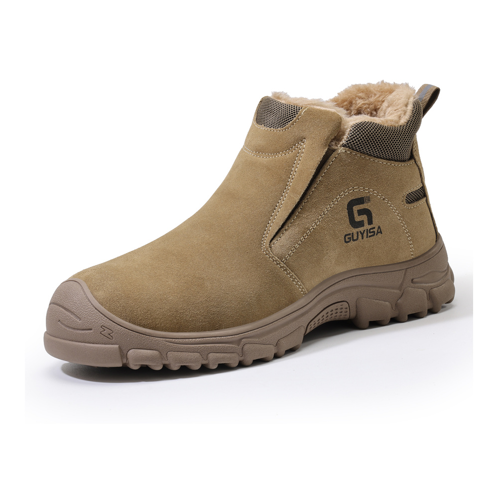 Tan fleece lined steel toe work shoe angled view