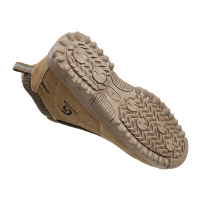Rugged outsole angle on tan steel toe work shoe