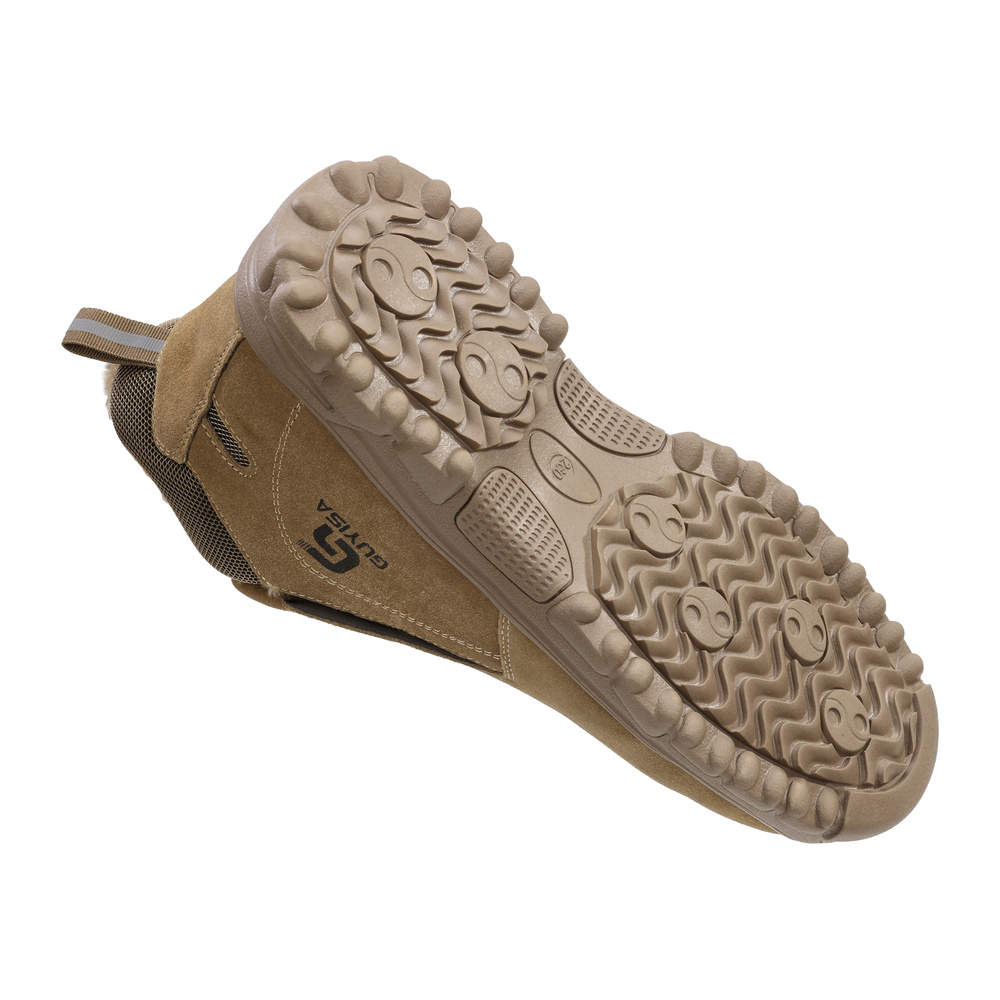 Rugged outsole angle on tan steel toe work shoe