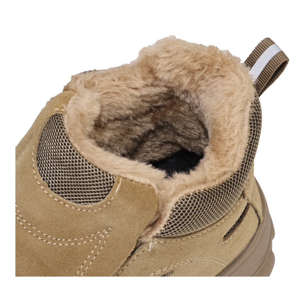 Close up of plush fleece lining inside tan work shoe