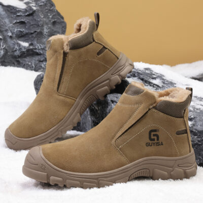 Tan slip on winter steel toe work shoes in snow