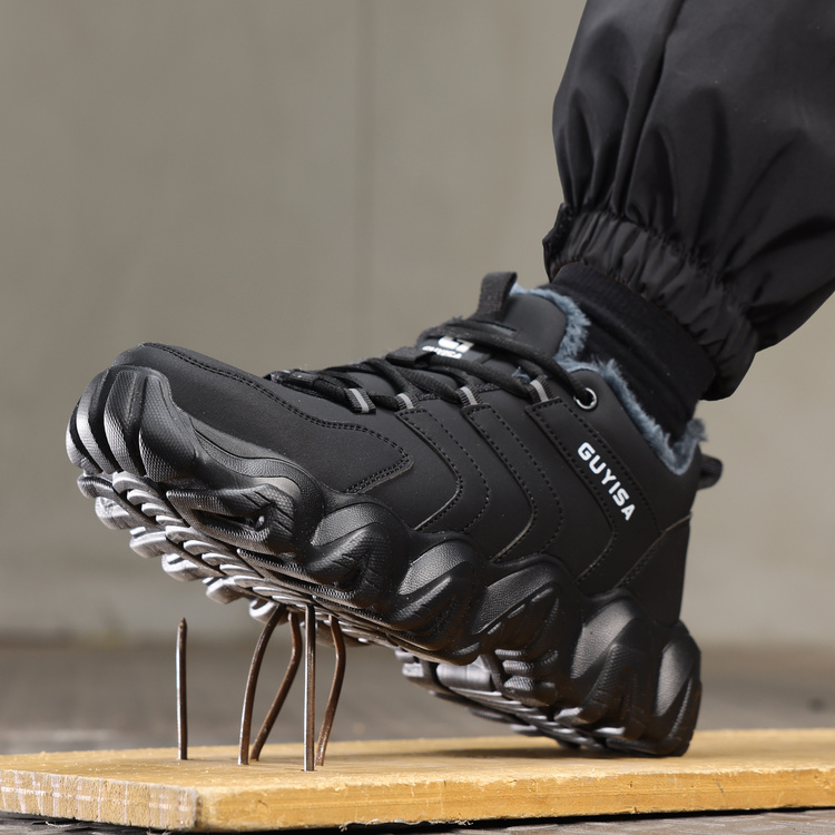 Puncture resistant midsole on black steel toe work shoes