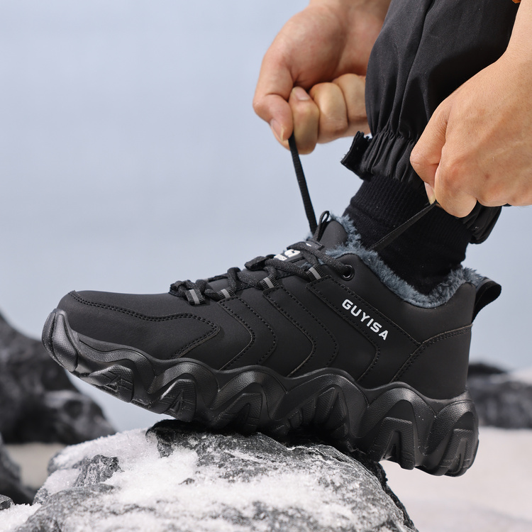 Secure lace up fit on black fleece lined work shoes
