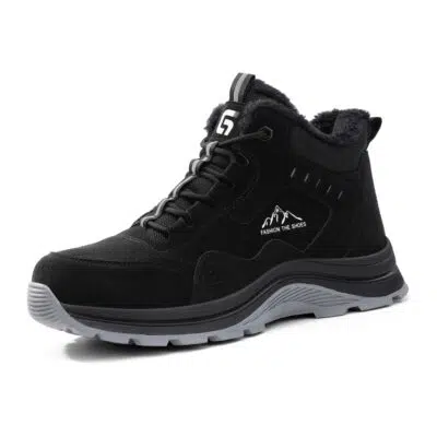 Black fleece lined steel toe safety boot angled view