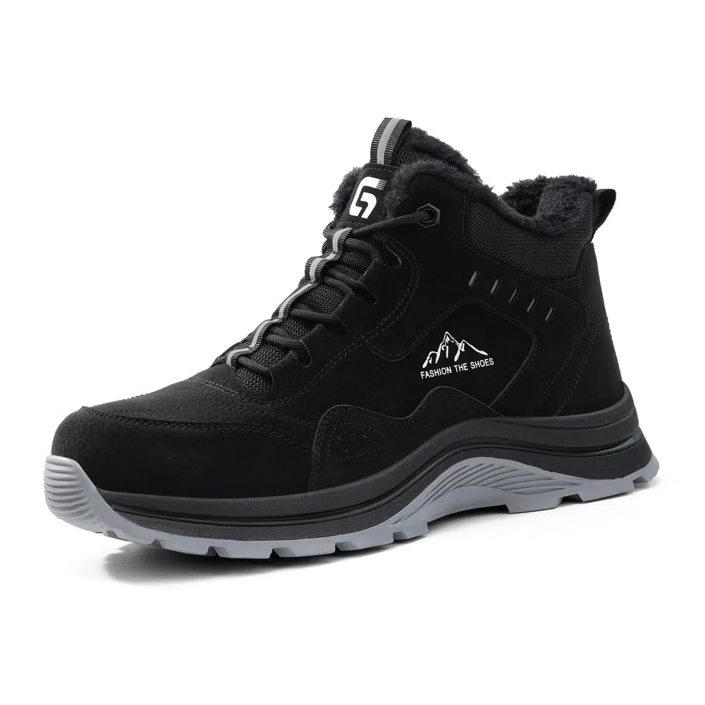 Black fleece lined steel toe safety boot angled view