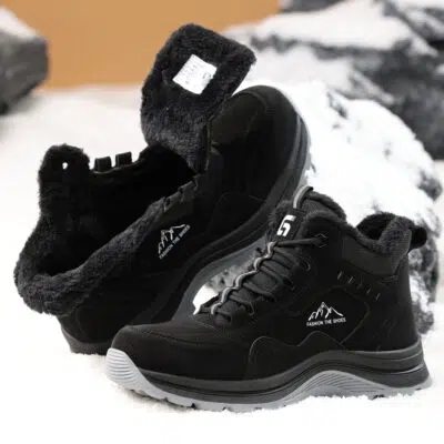 Black insulated steel toe boots with plush fleece lining