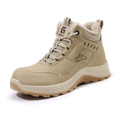 Beige metal free composite toe work boot angled view