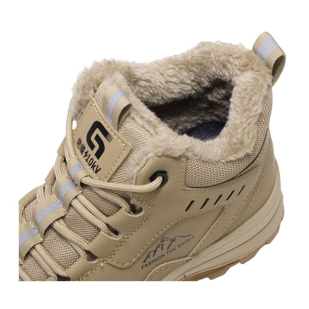 Close up of plush fleece lining inside beige work boot