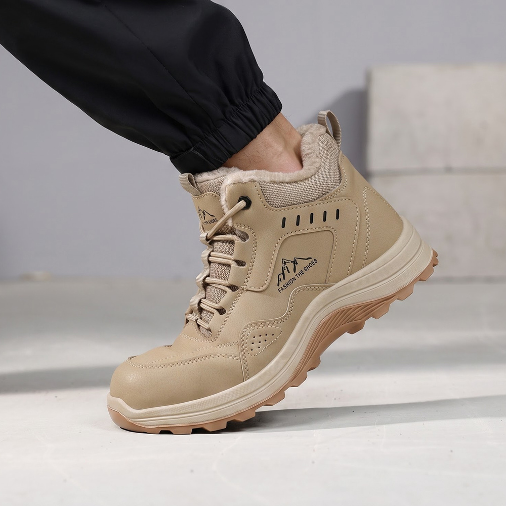Beige composite toe work boots in motion