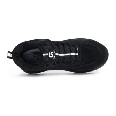 Top view showing plush fleece lining in black work boot