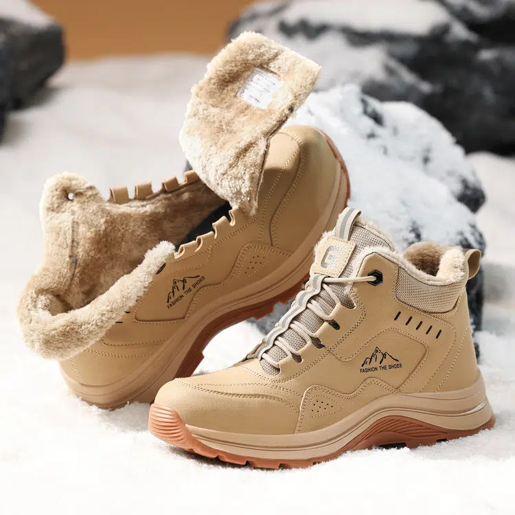 Plush fleece lining inside beige winter safety boots