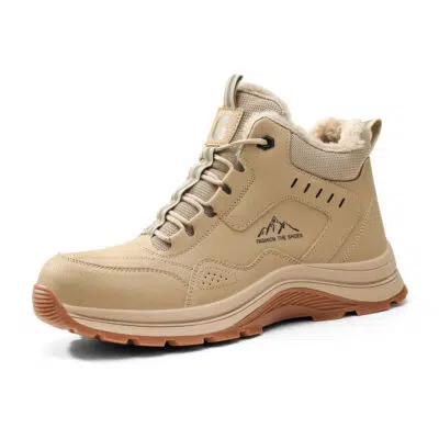 Beige winter steel toe safety boot angled view
